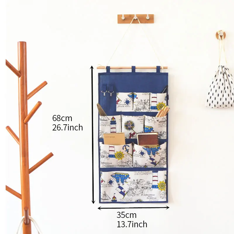 

Linen Cotton Fabric 9 Pockets Storage Bag With 2 Hooks Wall Door Closet Hanging Bag British Style Organizer For Bathroom Bedroom