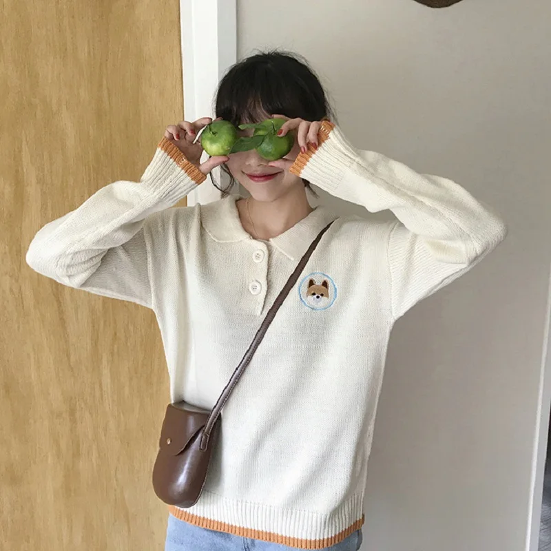Корейский на осень-зиму 2018 милый мультфильм щенок вышитые с лацканами свитер