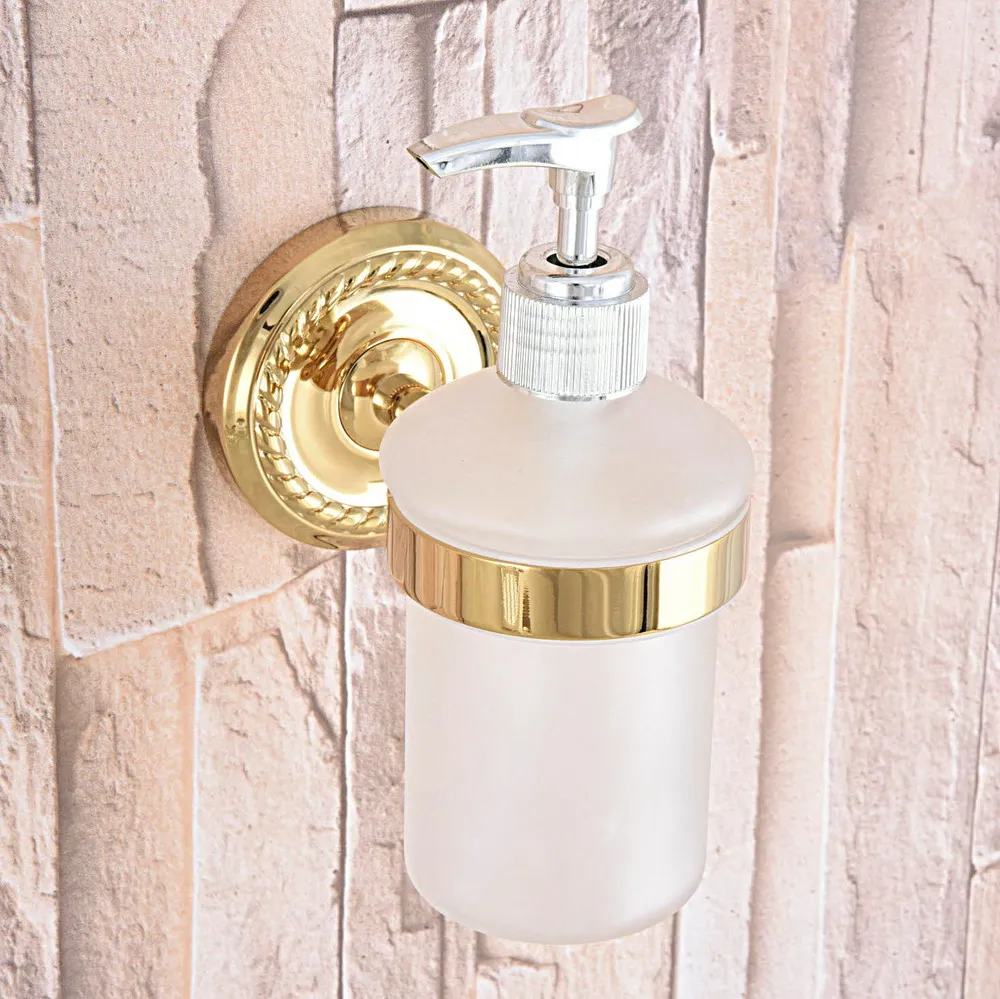 

Gold Color Brass Bathroom and Kitchen Glass bottle liquid Soap Dispenser Wall Mounted Soap dispensers Holder rack mba589