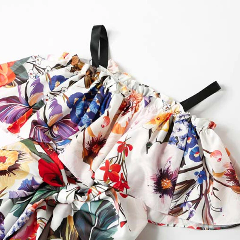 Летнее пляжное романтическое милое женское платье-торт с цветочным принтом, ТРАПЕЦИЕВИДНОЕ ПЛАТЬЕ на тонких бретельках с оборками и открытой спиной, короткое S-XL