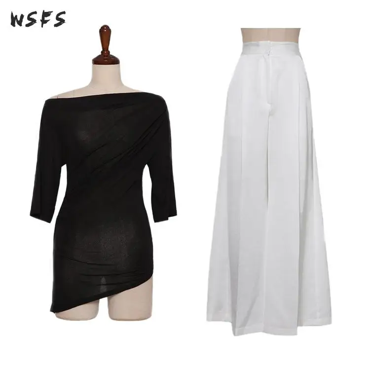 

2 Piece Set Summer Black T Shirts Blouses Tops Womens Dresses White Long Wide-legged Pants Casual Ladies Silm Elegant Trousers