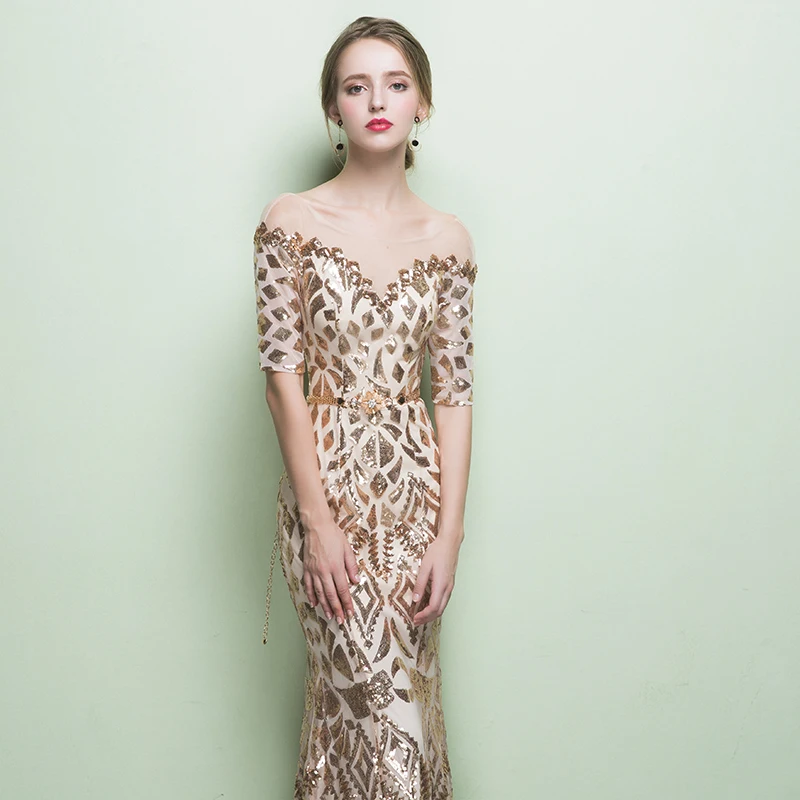Vestido de festa с вырезом Лодочка пикантное Золотое вечерние платья пайетками