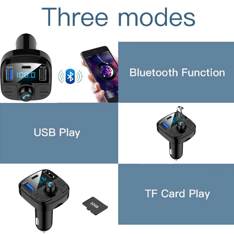 Автомобильный комплект громкой связи с Bluetooth, управление одним ключом, беспроводной Bluetooth fm-передатчик, ЖК MP3-плеер QC3.0, USB зарядное устройство, тип-c, свободные руки
