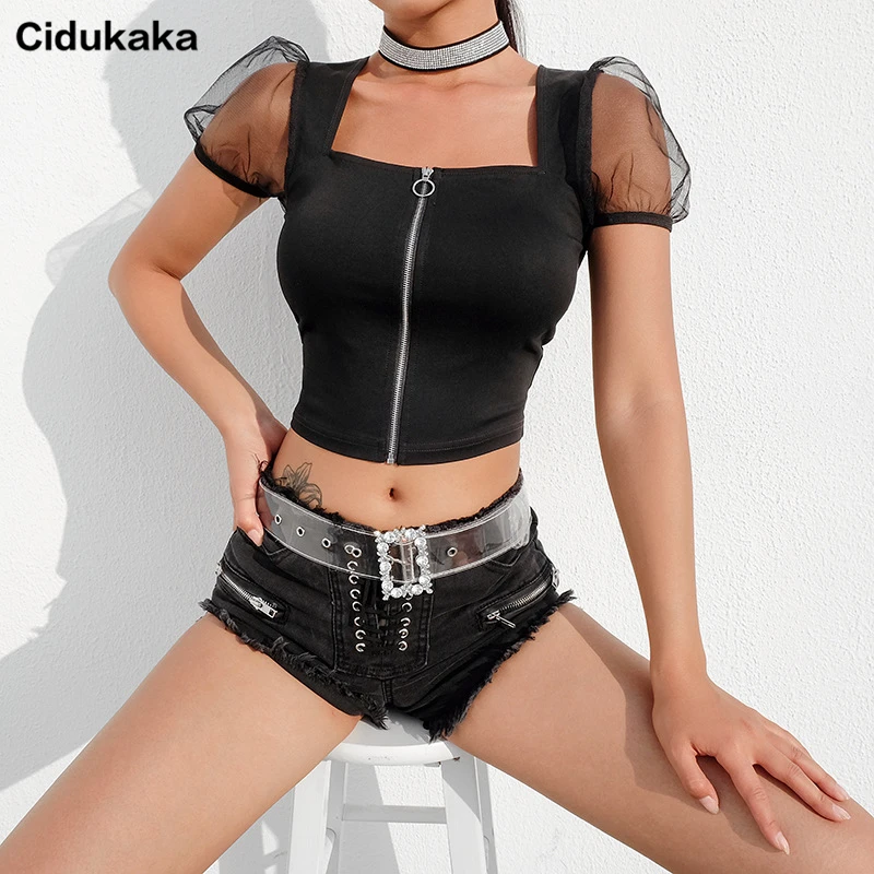 Cidukaka Лоскутная сетка короткий Пышный рукав женская футболка Панк Harajuku без спины