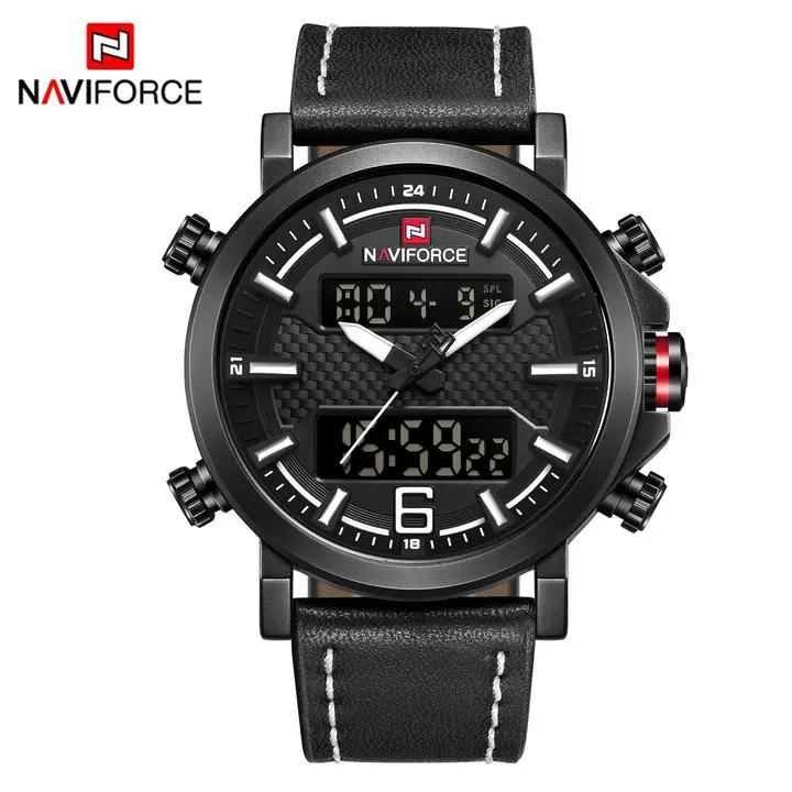 BLACK WHITE NAVIFORCE спортивные мужские часы Лидирующий бренд Luxuxry кварцевые светодиодный цифровые часы водонепроницаемые военные кожаные часы с двойным РЕМЕШКОМ НАРУЧНЫЕ ЧАСЫ - Цвет: BLACK WHITE