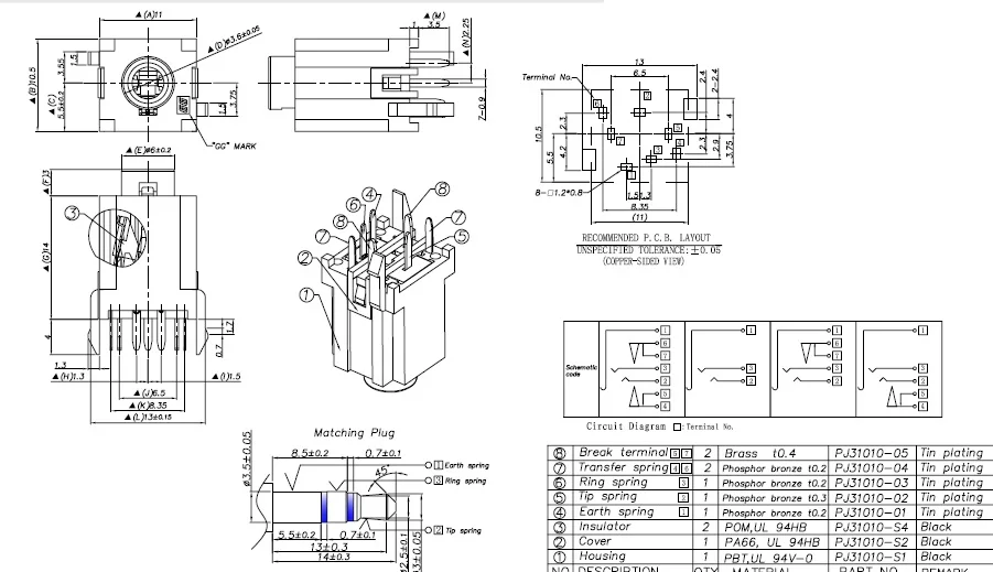 

100pcs Phone Jack 3.5mm 7 Contacts 3 conductors Stereo Audio socket 3 poles Audio plug Through hole Vertical inner Switches