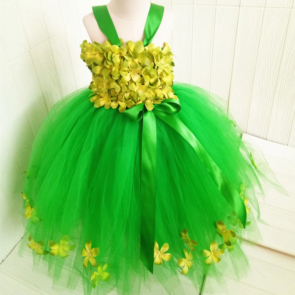 Green Girls Flower Tutu Dress Tulle Garden Fairy Princess Kids Wedding Birthday Party Dresses For Costume 1-14 | Детская одежда и
