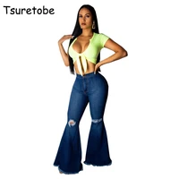 tsuretobe fashion denim flare pants women retro ripped jeans wide leg trousers lady casual bell bottoms flare pant female
