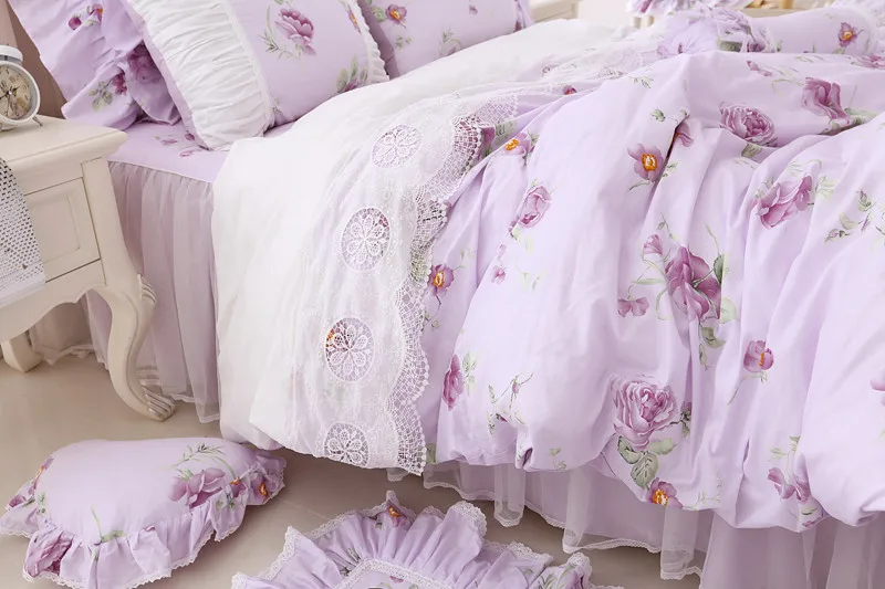 Princess purple dream 100% Cotton Romantic girl kid sweet flowers Bow lace ruffles bedskirt comforter cover bedding set/B7210 | Дом и сад