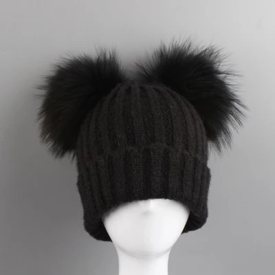 black fur pom Настоящие помпон из меха норки, шапка Детские зимние штаны детские шапки вязаная шерстяная Круглая Шапочка Кепки детская шапка с помпоном из натурального меха От 3 до 8 лет - Цвет: black fur pom