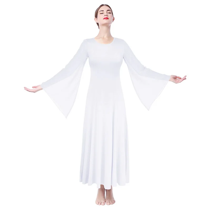 White Dress B Элегантная женская плиссированная Асимметричная хвалебная туника для танцев для балета хвалебное платье миди на одно плечо Туника литургическая танцевальная одежда - Цвет: White Dress B