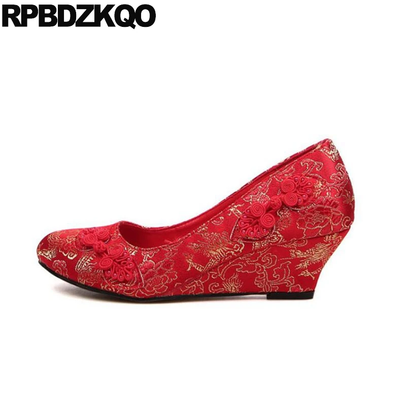 

red medium heels satin size 4 34 2018 pumps bride flower wedge women round toe high wedding shoes bridal embroidered embroidery
