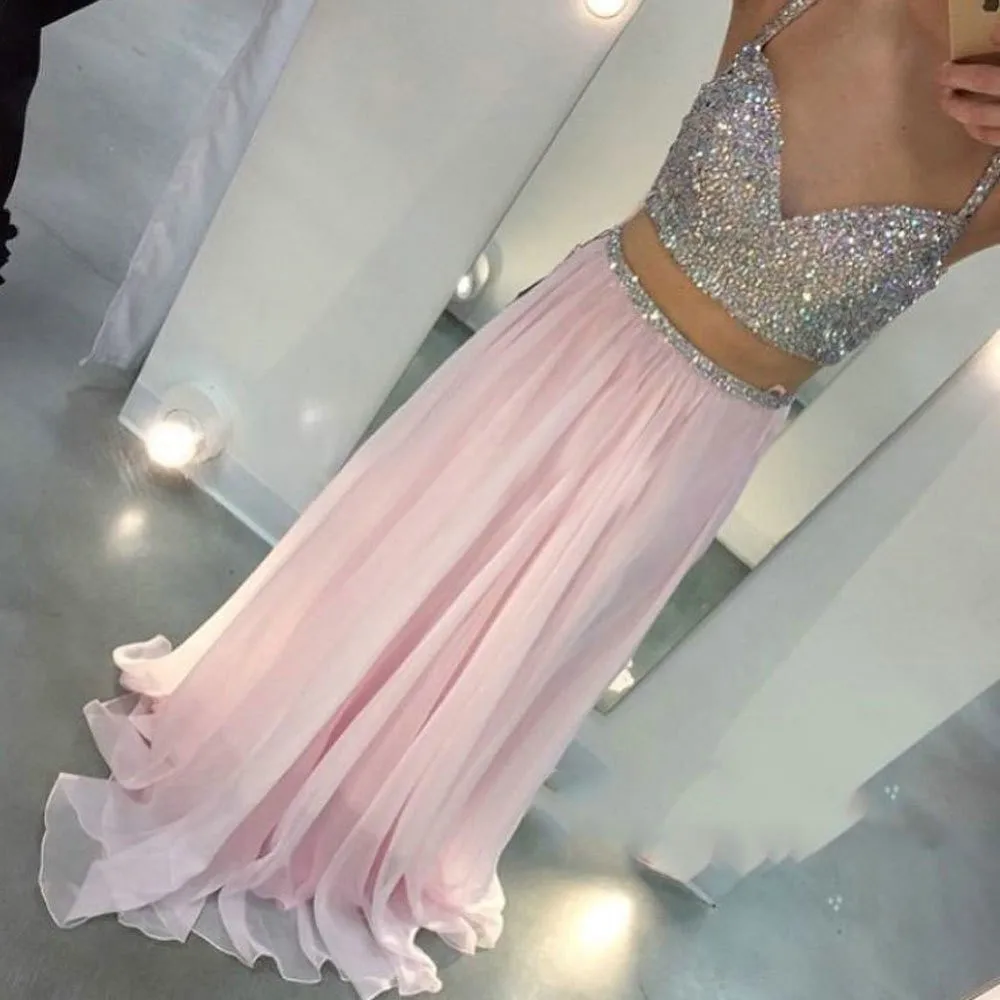 Сексуальная 2 Шт. Пром Dress Бретельках Хрустальные Платьев Вечера Шифоновые