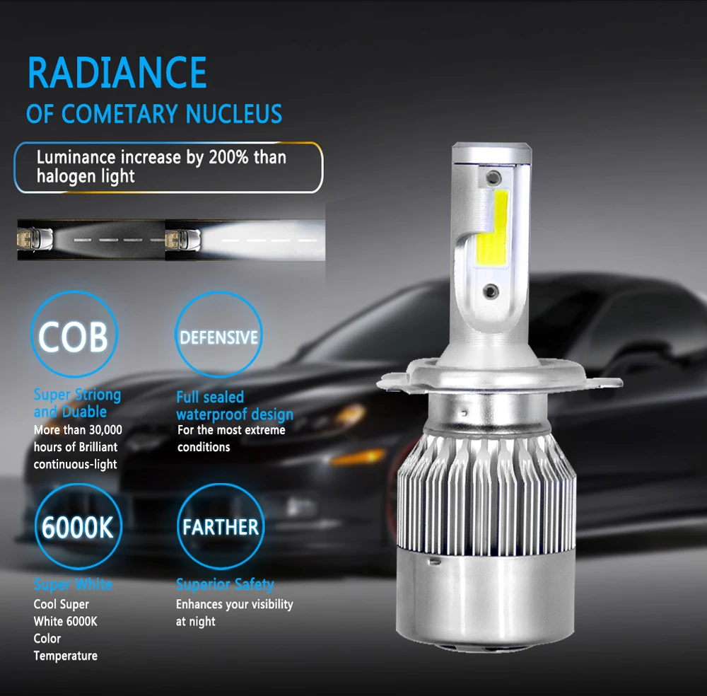 AICARKAS Светодиодные автолампы серия С6- 36W 4000LM 6000K с Чипом СОВ.Цоколь LED Лампа Н4 Ближний/Дальний свет Так Же Лампы с Цоколем H1 H3 LED H7 Светодиоды H11 880/881(Н27) 9005(HB3) 9006(HB4) 12V 24V