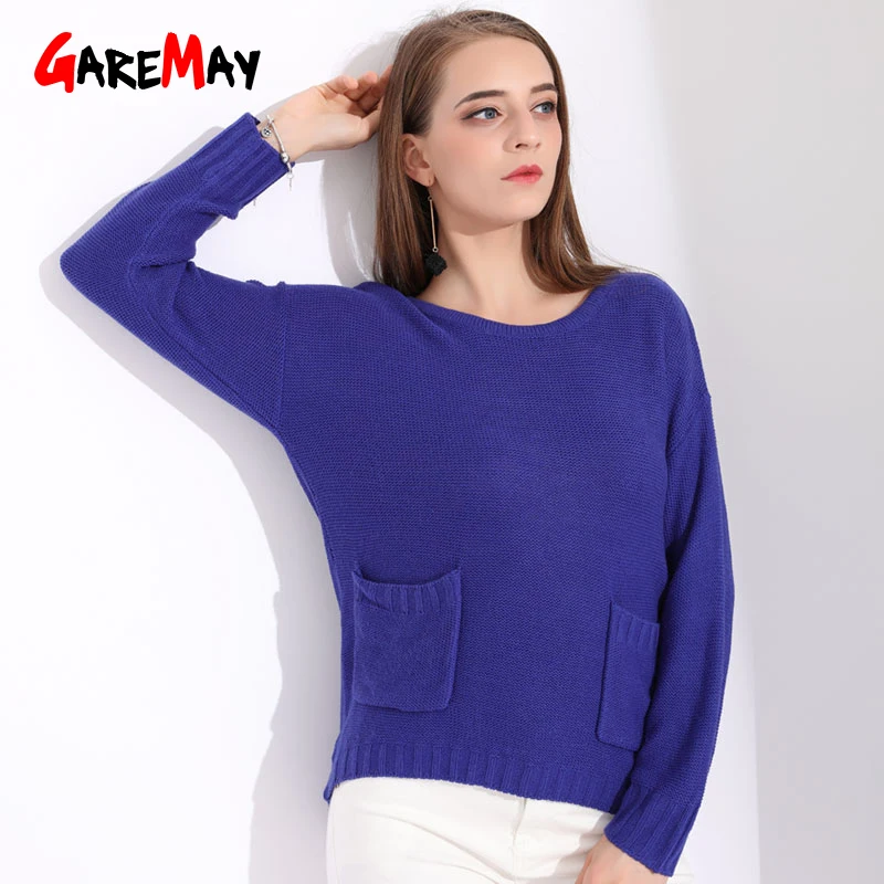 Garemay Casual Thin Sweater Women Pullover Knitted Pocket Long Sleeve Womens Blue Women's Jumper Ladies Sweaters Fashion | Женская