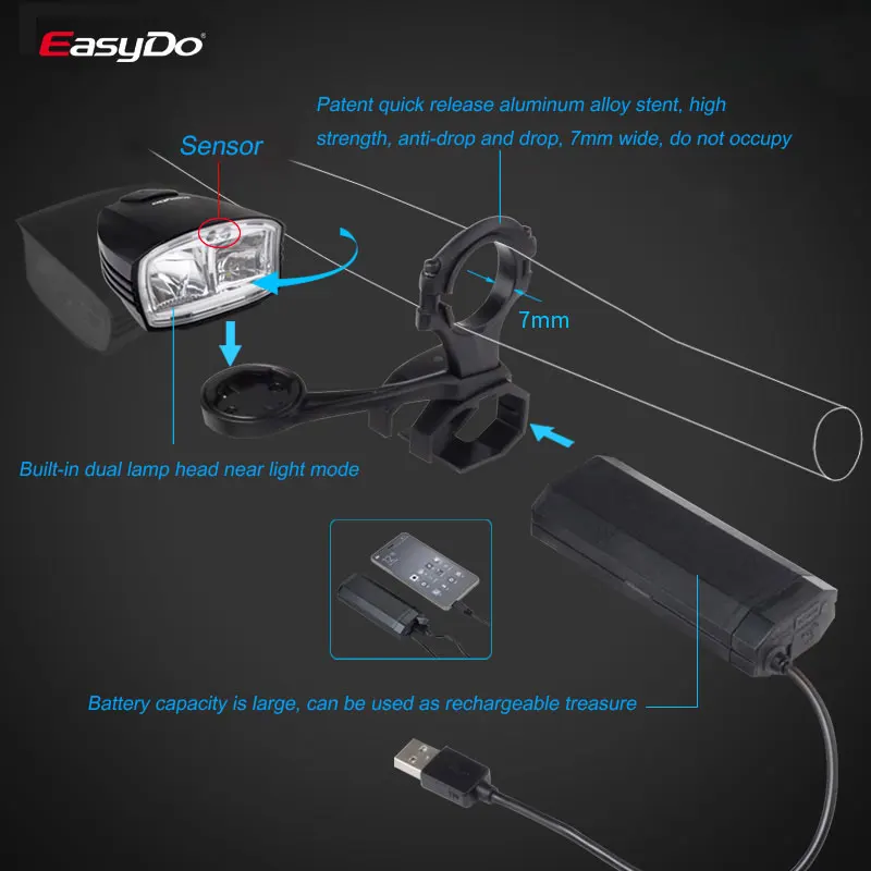 EasyDo умная велосипедная фара с дальним/ближним лучом MTB дорожный велосипед USB перезаряжаемая передняя фара водонепроницаемый велосипедный фонарик