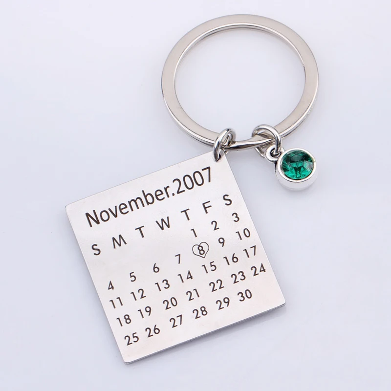 Custom Keychain Engraved Highlighted with Heart Date Birth Stone Choose Keepsake Calendar Pendant Souvenir Key Holder | Украшения и