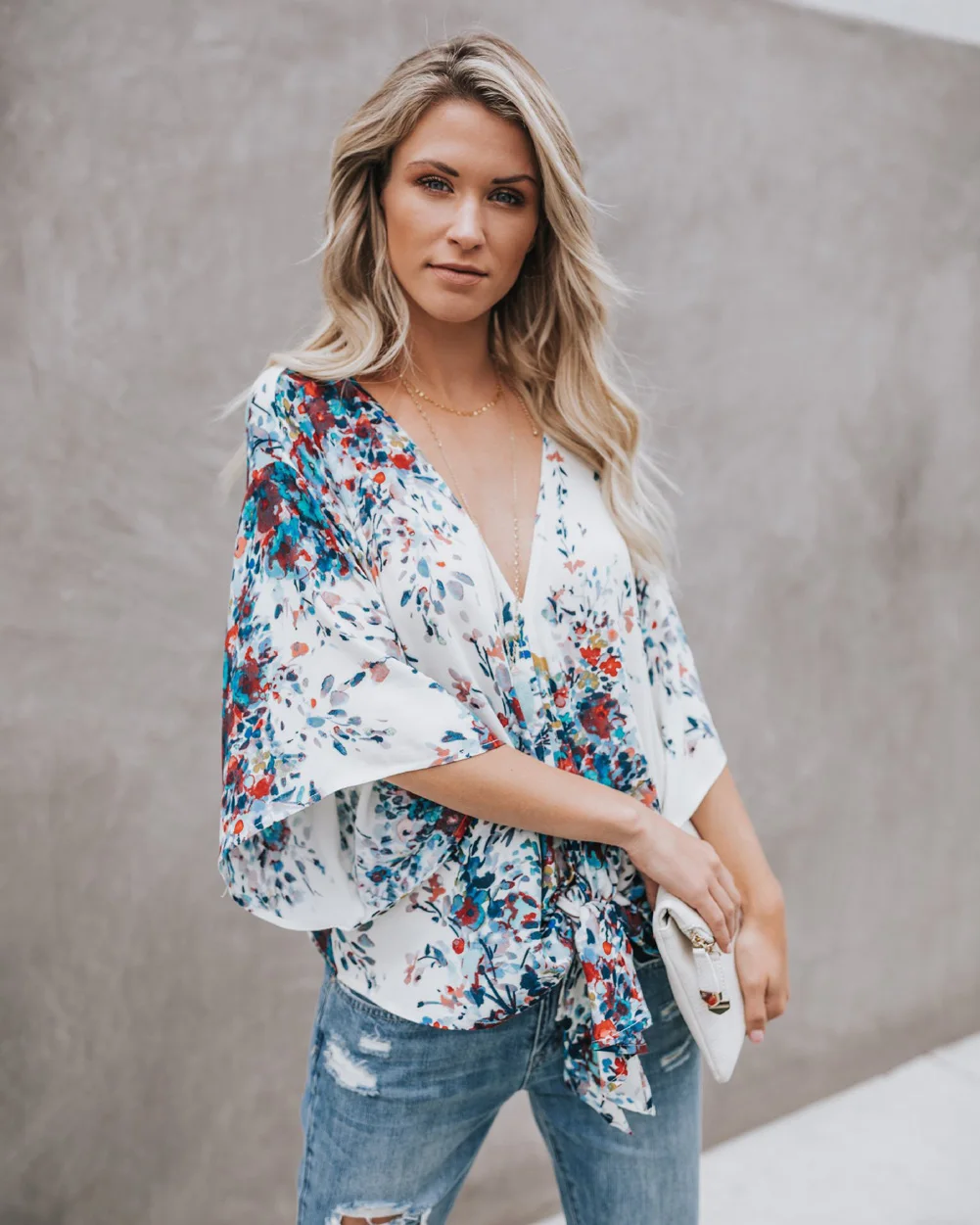 Fashion Womens Flower Casual Loose Long Flare Sleeve Shirt V-Neck Blouse | Женская одежда