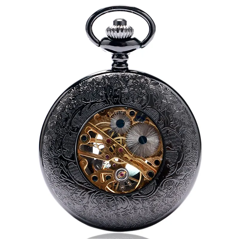 

Classical Black Hollow Roman Number & Skeleton Mechanical Pocket Watch With Chain Hot Selling
