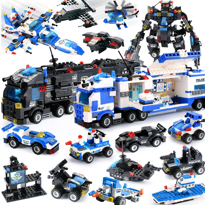 825+PCS Creative City Police Building Blocks 8 in 1/6 In 1 Robot Helicopter Police Station Figures Blocks DIY Bricks Kids Toys lepin 02081 city police the coast guard head quarters building blocks boat helicopter sea exploration ship rescue 60167 brick