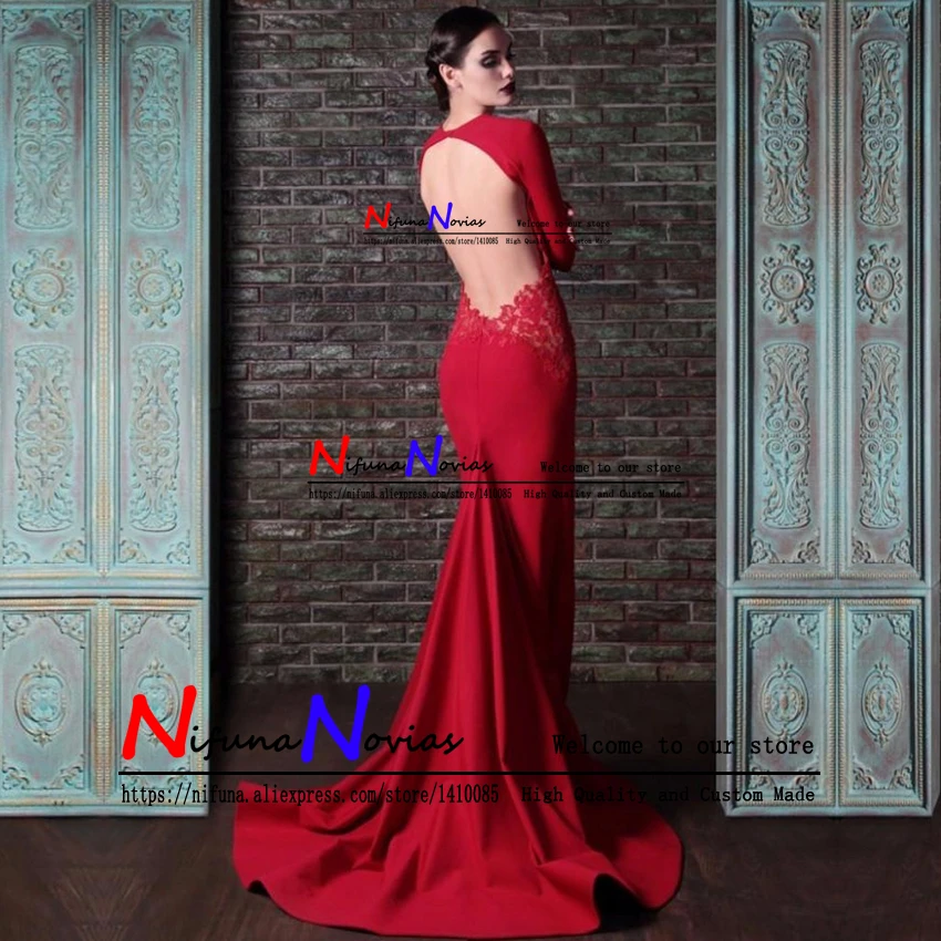 Women Red Long Sleeve Evening Gowns Celebrity Dress Elegant Formal Dresses Sexy Open Back Mermaid 2019 Robe soiree | Свадьбы и