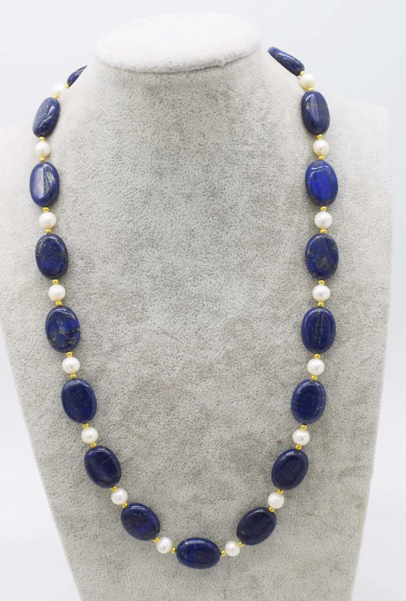 Collar de lapislázuli azul para mujer, cuentas redondas de lapislázuli azul de 13x18mm y Perla blanca de agua dulce de 8-9mm, venta al por mayor, FPPJ natural