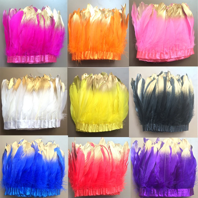 

New Arrival plating golden Goose feather trims 10 yards/lot 15-20cm length Dyed geese feather ribbons Duck feather fringes