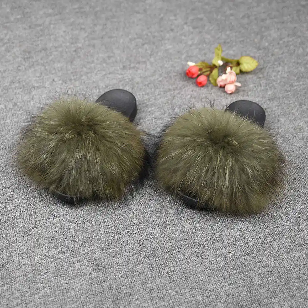 Raccoon Khaki Green Женские шлепанцы с натуральным мехом енота; модные стильные шлепанцы; сезон весна-осень-зима; Домашние вьетнамки на плоской подошве; S6020A - Цвет: Raccoon Khaki Green