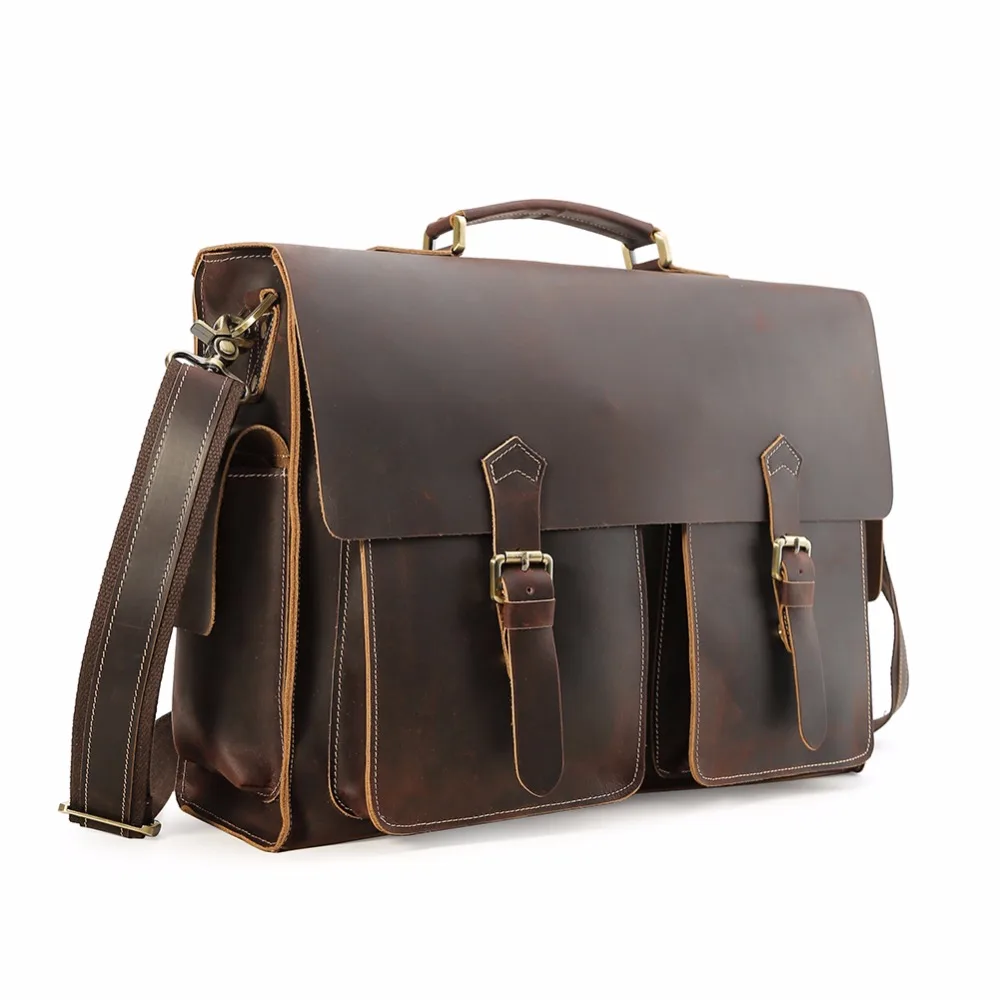 TIDING Mens Genuine Briefcases For 17&quot Laptop Bag Vintage Style Cross Body Shoulder Messenger Crazy horse Leather New 1406 | Багаж и