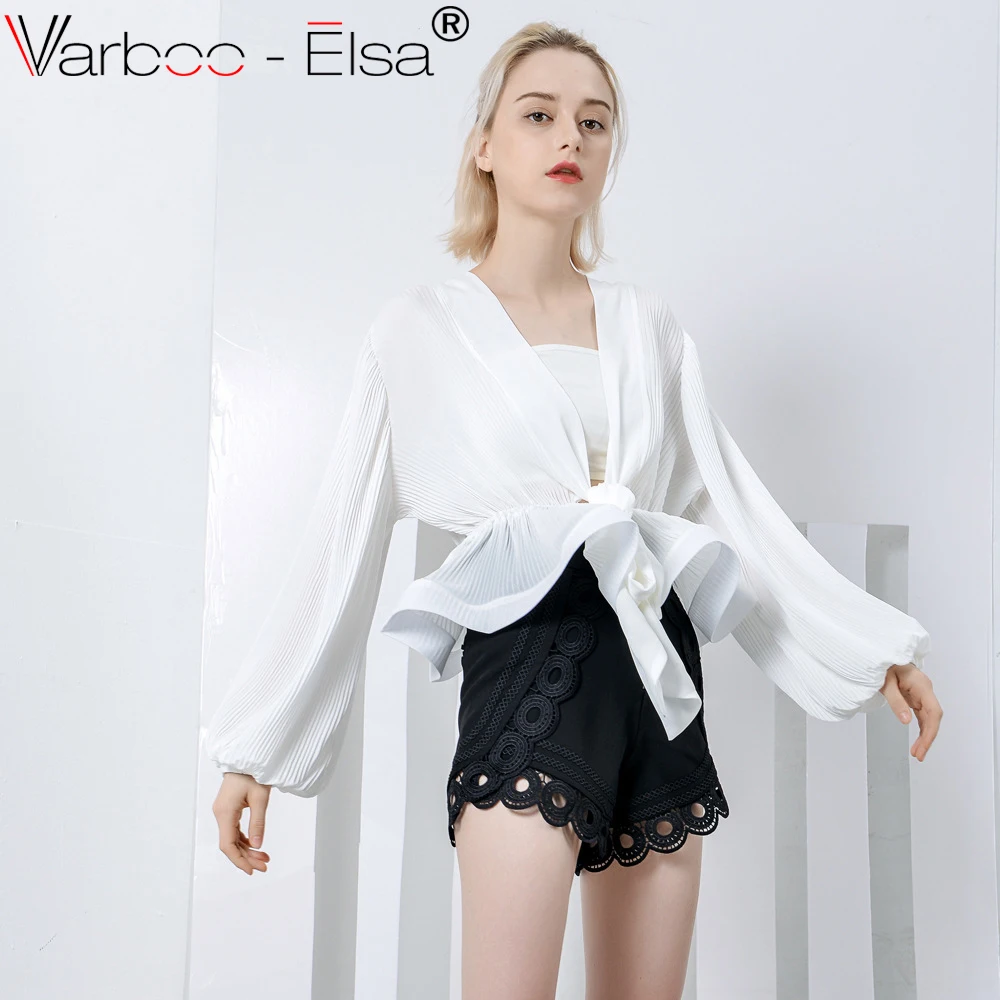 VARBOO_ELSA белая шифоновая рубашка женский рюшами Узелок v шеи Puff длинным рукавом Для