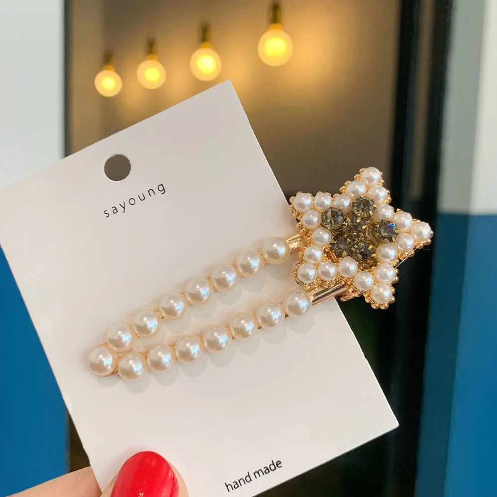 

Korea Shiny Crystal Rhinestones Hair Clips Geometric Rectangle Waterdrop Imitiation Pearl Hairpin Hair Accessories for Women