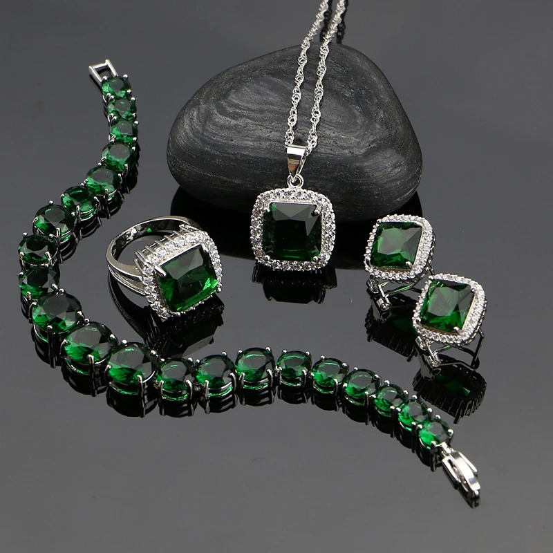 

925 Sterling Silver Jewelry Sets Green Cubic Zirconia White CZ Beads For Women Russian Earrings/Ring/Bracelet/Pendant/Necklace