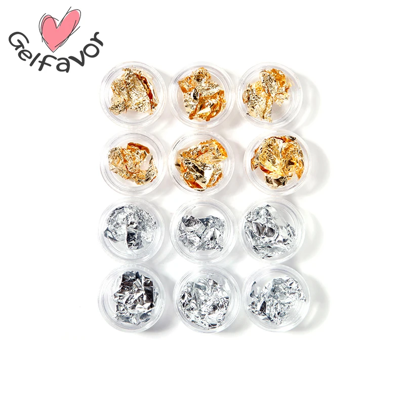 Gelfavor 12 горшок/набор золотой серебряный блеск для ногтей наклейка из фольги