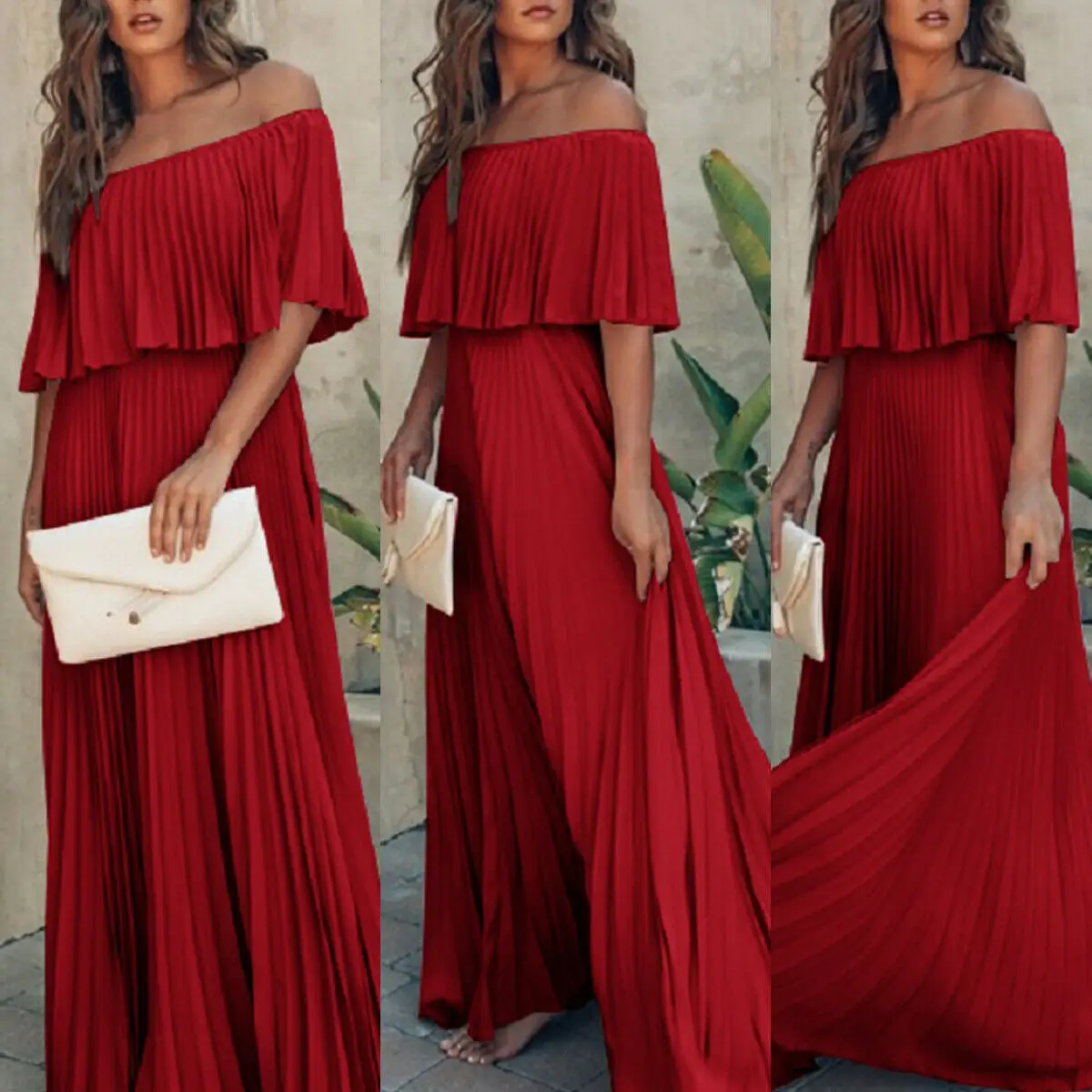 Женское длинное плиссированное платье Boho вечернее пляжное с открытыми плечами