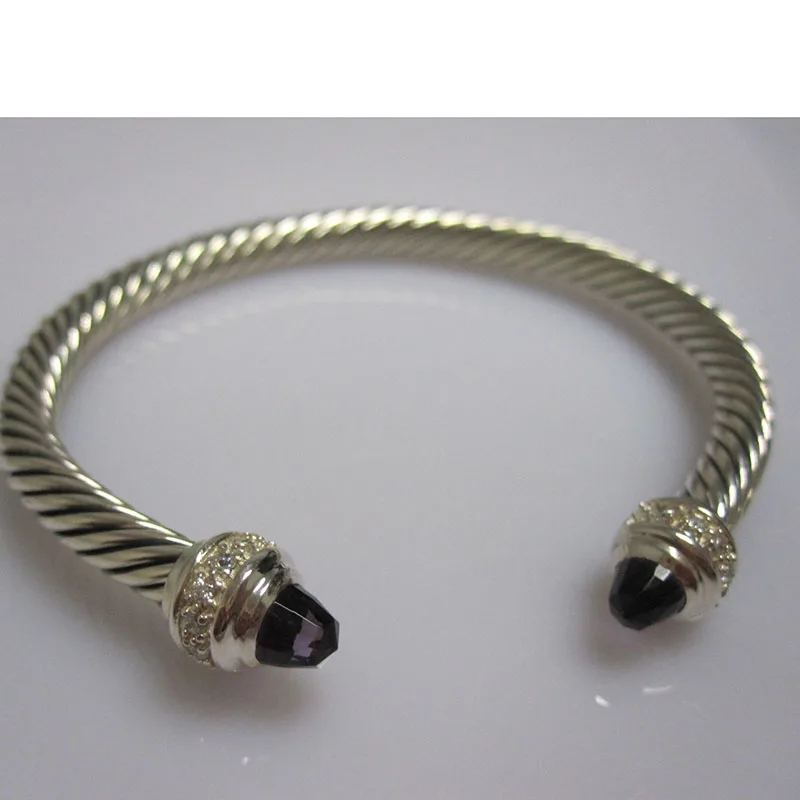 Amethyst 925 Серебряный Jwelry 5 мм кабель серебряный браслет с черным ониксом, голубой топаз розовый кварц, гранат, жемчуг, браслет из морганита - Цвет камня: Amethyst
