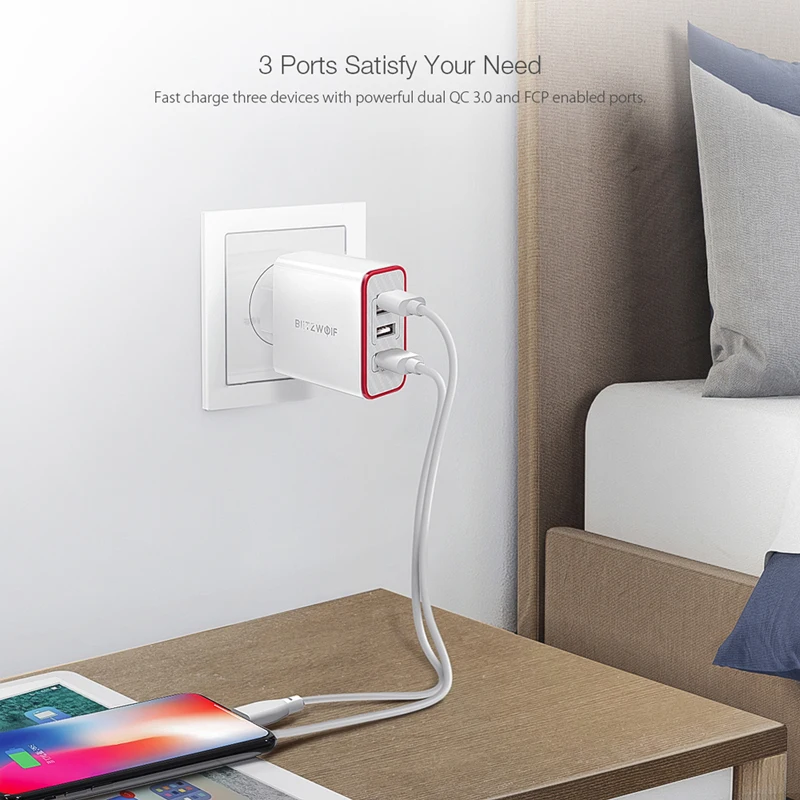 BlitzWolf BW PL2 30 Вт QC3.0 FCP 3 порты универсальное автомобильное зарядное устройство USB