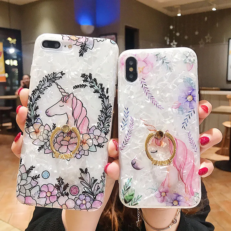 

Phone Case For iPhone 7 8 6 6S Plus X XR 11 Pro XS MAX Unicorn Head Pattern Shell Coque Back Cover Soft TPU Silicone Finger Ring