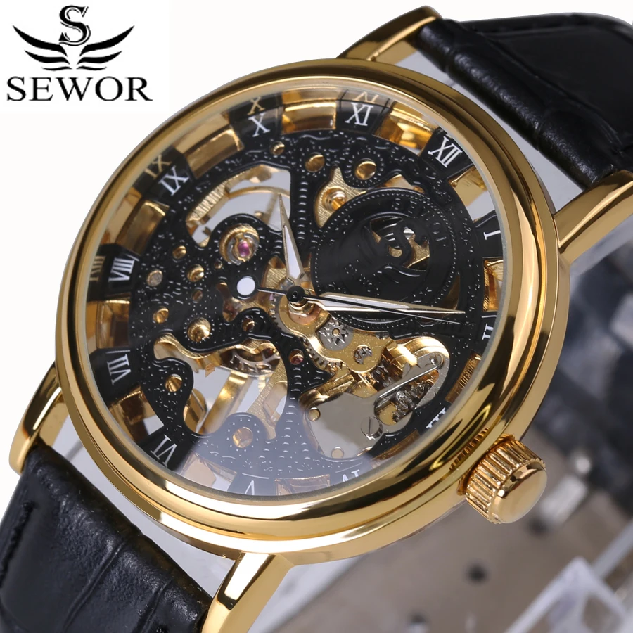 

Luxury Brand Sport Clock Roman Numerals Dial Men Mechanical Hand wind Watch Skeleton Vintage Watches Leather Strap 2017 New
