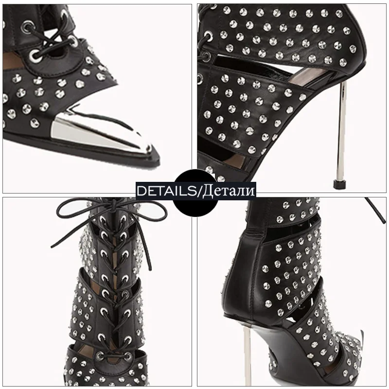

WETKISS High Heels Ankle Boots Women Lace Up Pointed Toe Footwear Cutout Studded Boots Female Rivet Leather Shoes Woman Summer