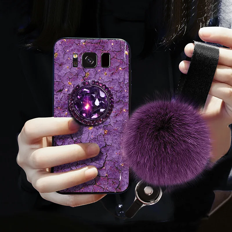 Роскошный натуральный мех чехол держатель для samsung Galaxy S8 S9 Plus драгоценный камень