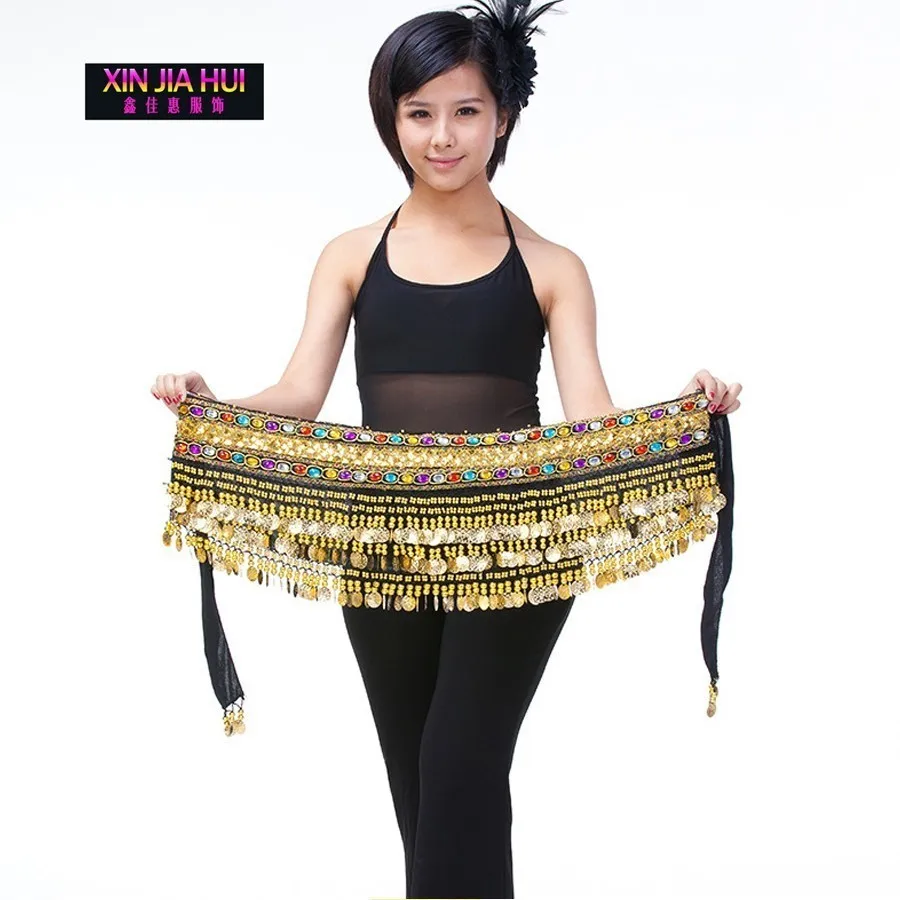 Hip Scarf Double Color Rhinestone Coin For Sale Women's Beautiful Belly Dance Practicing Accessories Indian Dresses Sari Flannel |