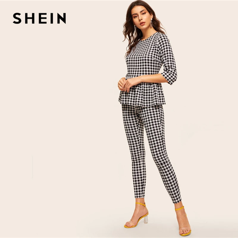 SHEIN Клетчатые Топ И Леггинсы Комплект Женский Элегантный Топ С Средним Рукавом И Оборками И Леггинсы Комплект