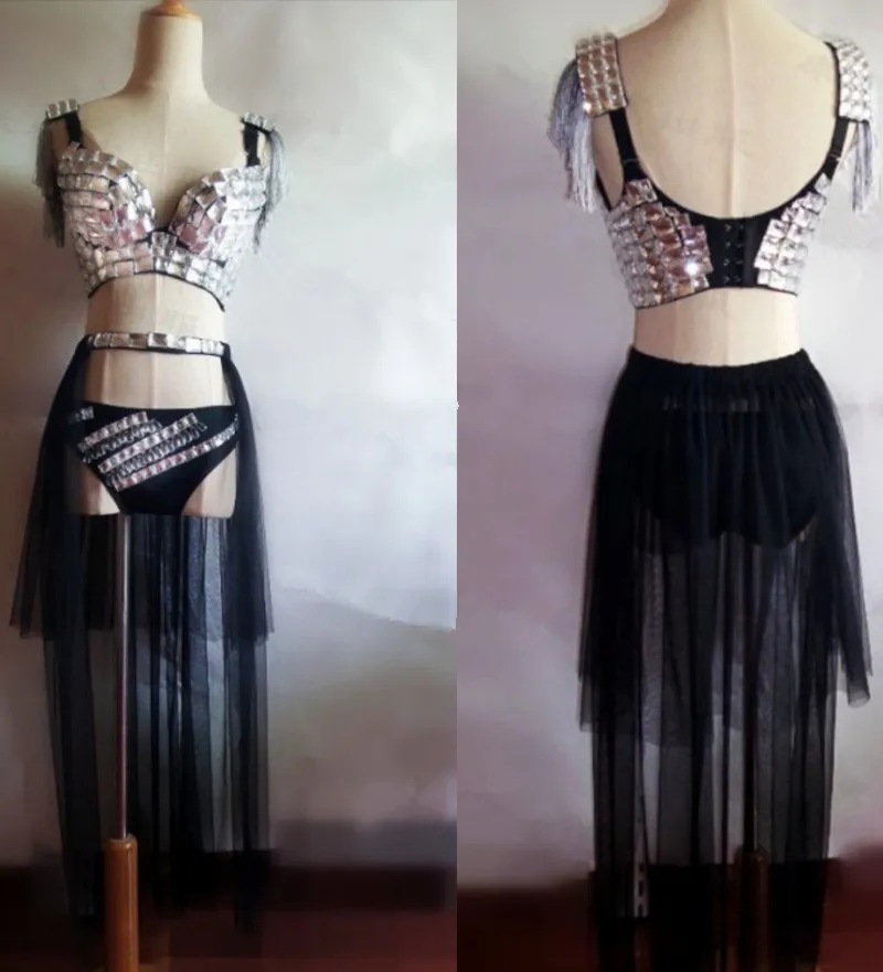 Женский костюм для ночного клуба танцевальный серебристый яркий зеркальный джаз