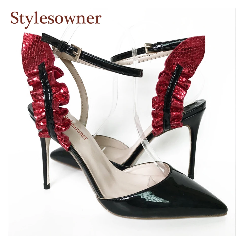 Stylesowner красный Волан босоножки Ремешок на щиколотке острый носок черный