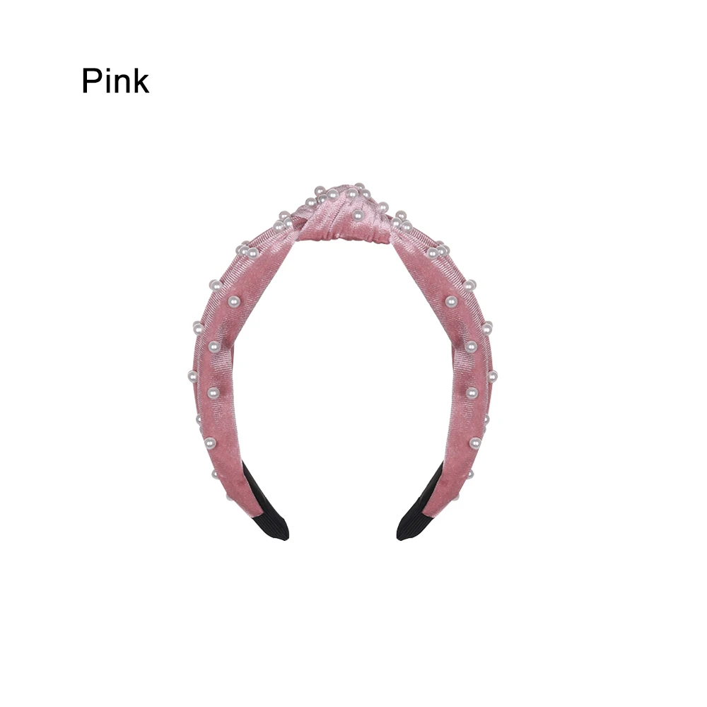 Pink Богемский сплошной цвет мягкий бархат центр вязать широкая повязка с жемчугом обруч на волосы, завязанный бантом аксессуары для волос Инструменты для укладки - Цвет: Pink