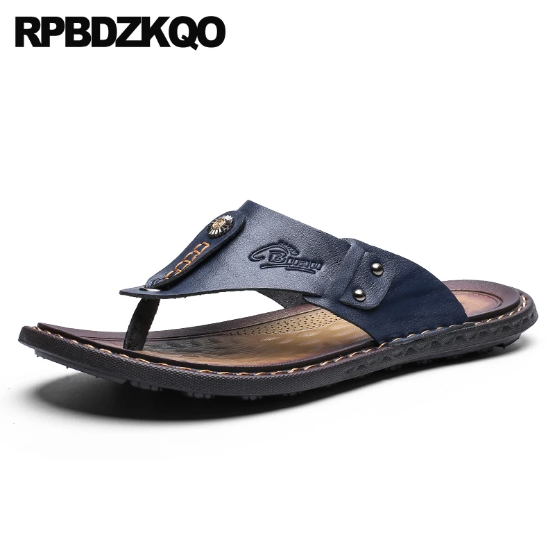 

Brown Designer Men Sandals Leather Summer Beach Fashion Slippers Toe Loop Shoes Flip Flop Slides Black Blue Size 46 Large Soft