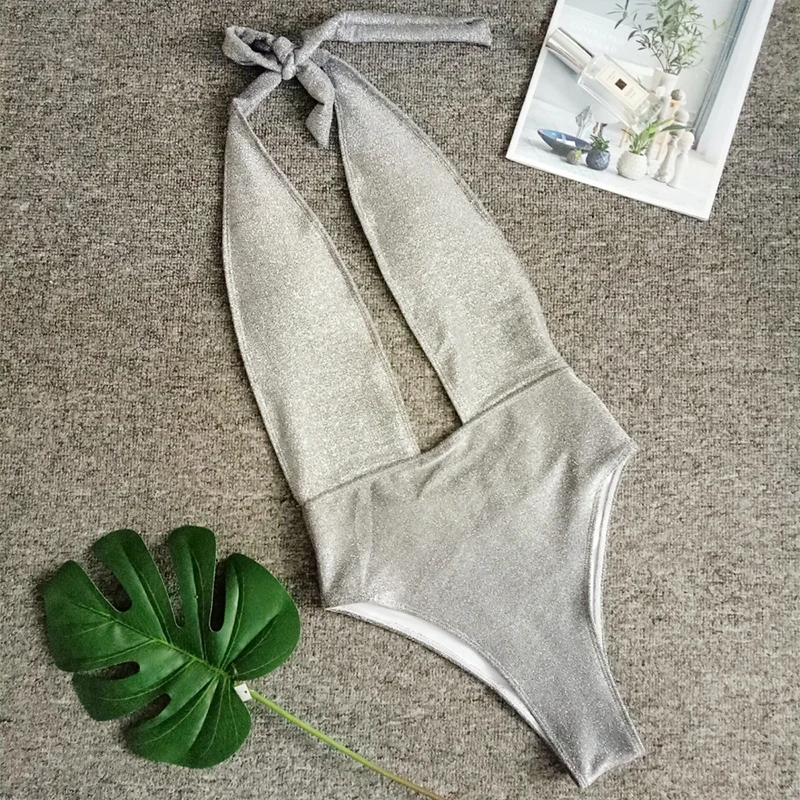 In-X Halter neck swimsuit one piece High cut bikini 2019 Shiny swimwear women monokini Sexy silver bathing suit Summer bodysuit | Спорт и