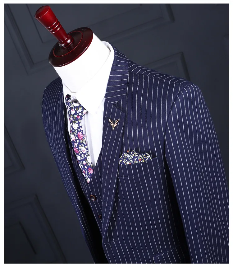 2018 New Blue stripe blazer Groomsmen Suits Slim Fit Mens Wedding Dress Prom Dinner Suit Groom Tuxedos 3piece jacket pant vest | Мужская