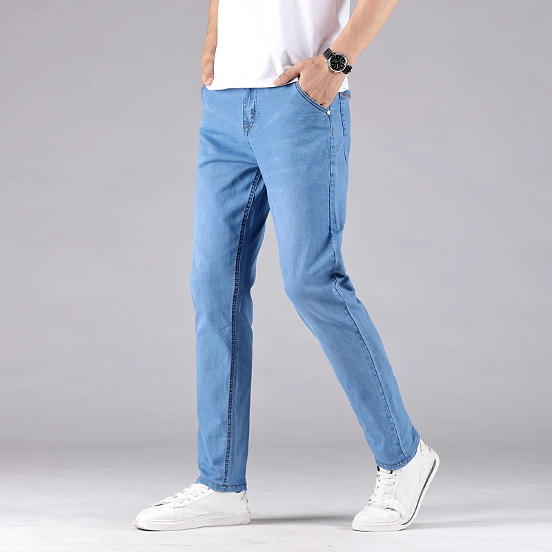 Синие джинсы для мужчин весна лето Стрейчевые тонкие джинсовые брюки высокое