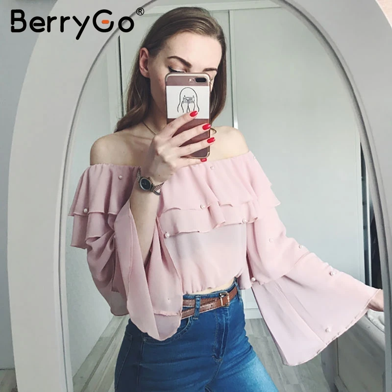 BerryGo блузка с рюшами рубашка женская жемчужная длинным рукавом обрезанная летняя